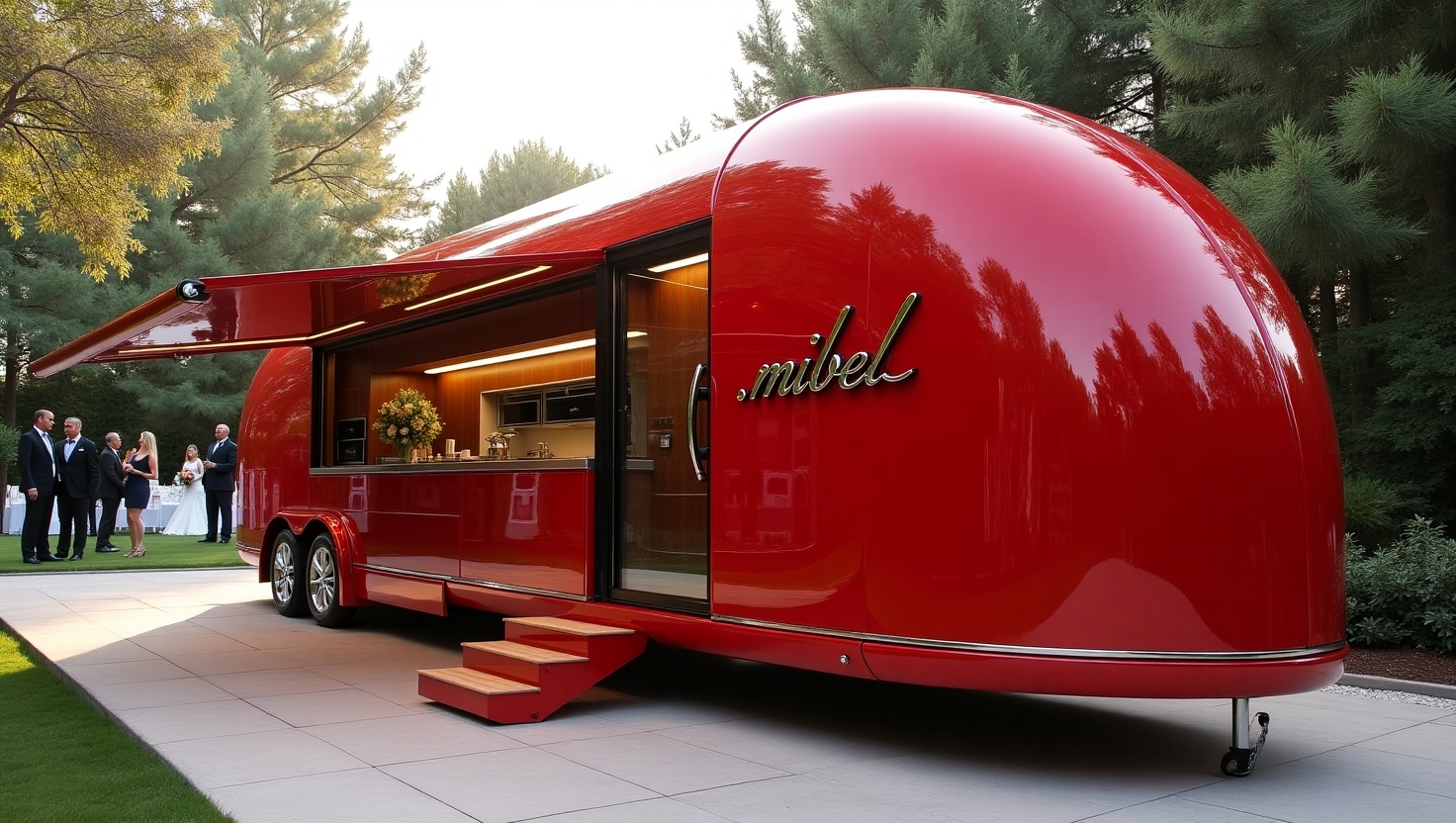 Red miBEL mobile kitchen capsule at an event